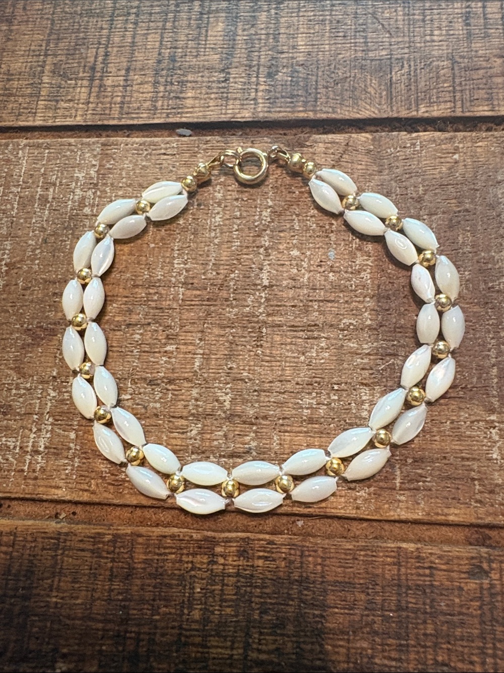 Mother of Pearl Rice Bead Gold & White Beaded Women's Bracelet